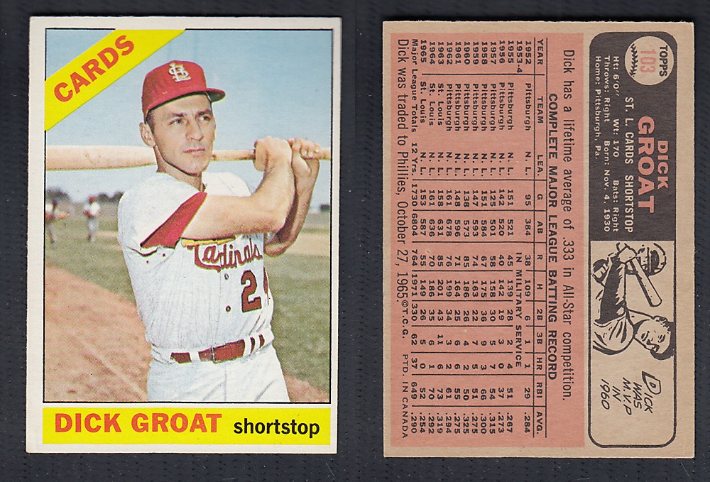 1966 O-PEE-CHEE BASEBALL CARD #103 D. GROAT photo 1966 O-PEE-CHEE BASEBALL CARD #103 D. GROAT photo