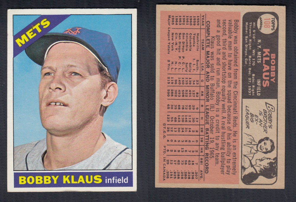 1966 O-PEE-CHEE BASEBALL CARD #108 B. KLAUS photo 1966 O-PEE-CHEE BASEBALL CARD #108 B. KLAUS photo
