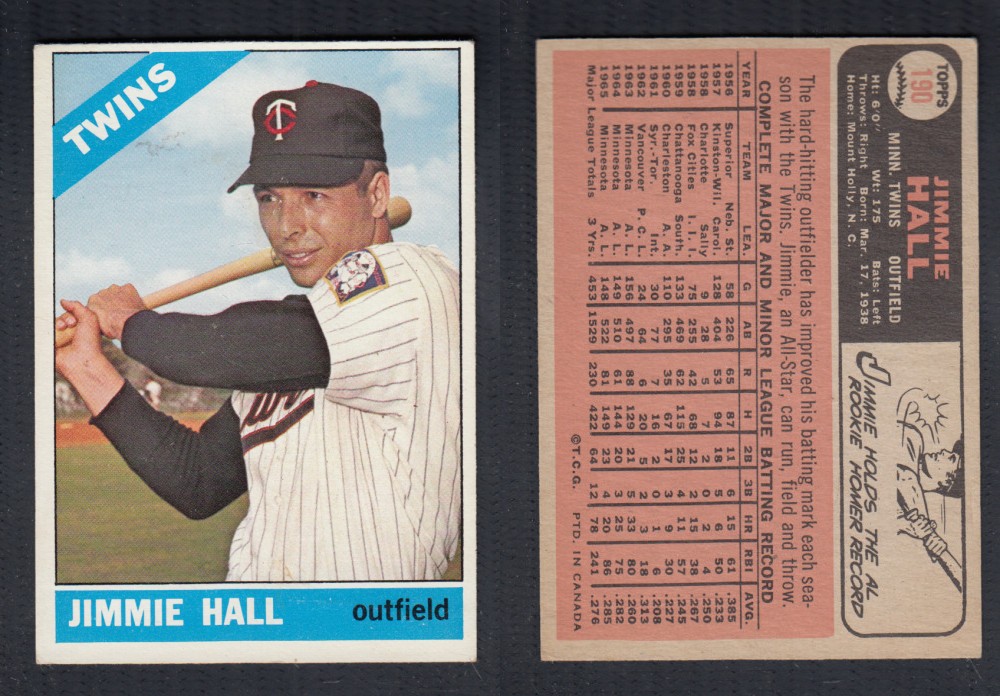 1966 O-PEE-CHEE BASEBALL CARD #190 J. HALL photo 1966 O-PEE-CHEE BASEBALL CARD #190 J. HALL photo