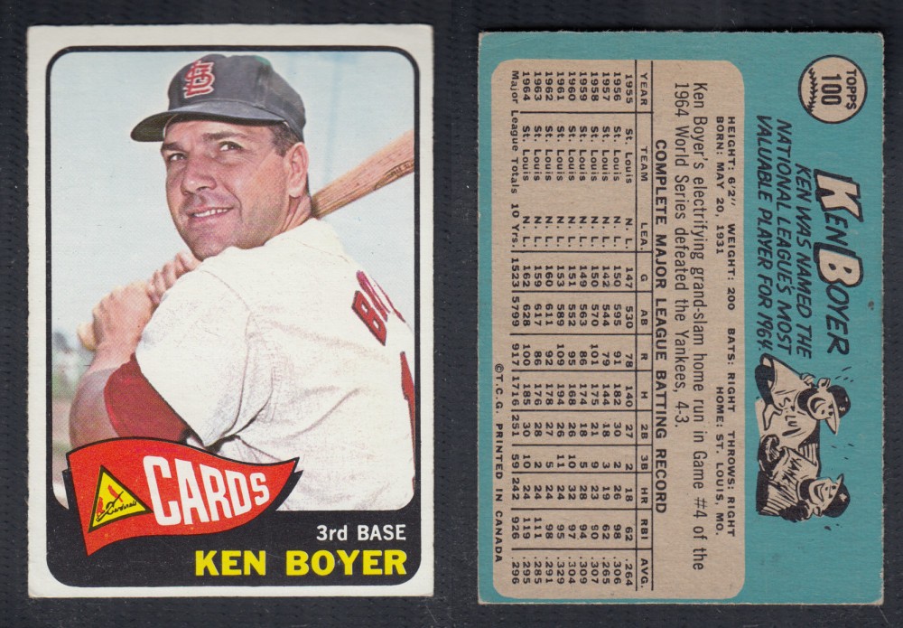 1965 O-PEE-CHEE BASEBALL CARD #100 K. BOYER photo 1965 O-PEE-CHEE BASEBALL CARD #100 K. BOYER photo