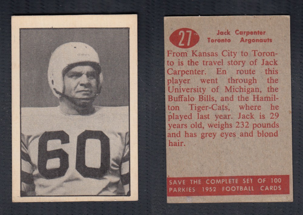 1952 CFL PARKHURST FOOTBALL CARD #27 J. CARPENTER photo 1952 CFL PARKHURST FOOTBALL CARD #27 J. CARPENTER photo