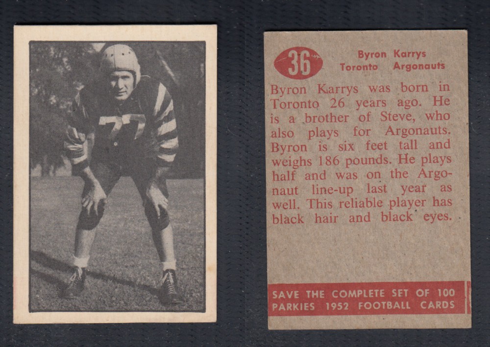 1952 CFL PARKHURST FOOTBALL CARD #36 B. KARRYS photo 1952 CFL PARKHURST FOOTBALL CARD #36 B. KARRYS photo
