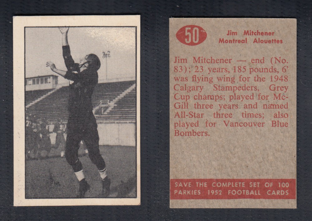 1952 CFL PARKHURST FOOTBALL CARD #50 J. MITCHENER photo 1952 CFL PARKHURST FOOTBALL CARD #50 J. MITCHENER photo