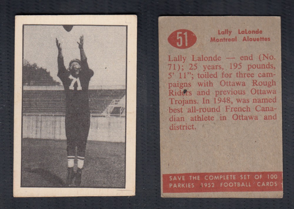 1952 CFL PARKHURST FOOTBALL CARD #51 L. LALONDE photo 1952 CFL PARKHURST FOOTBALL CARD #51 L. LALONDE photo
