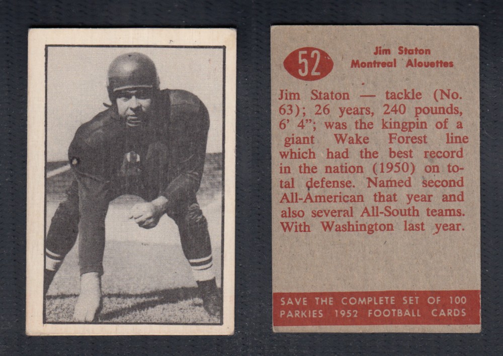 1952 CFL PARKHURST FOOTBALL CARD #52 J. STATON photo 1952 CFL PARKHURST FOOTBALL CARD #52 J. STATON photo