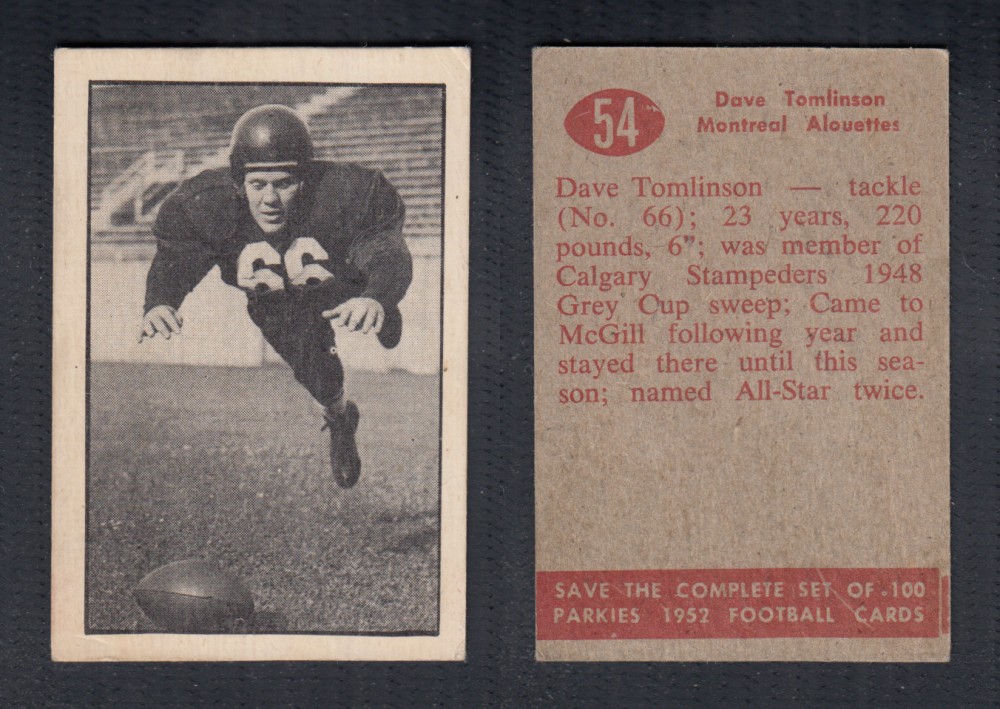 1952 CFL PARKHURST FOOTBALL CARD #54 D. TOMLINSON photo 1952 CFL PARKHURST FOOTBALL CARD #54 D. TOMLINSON photo
