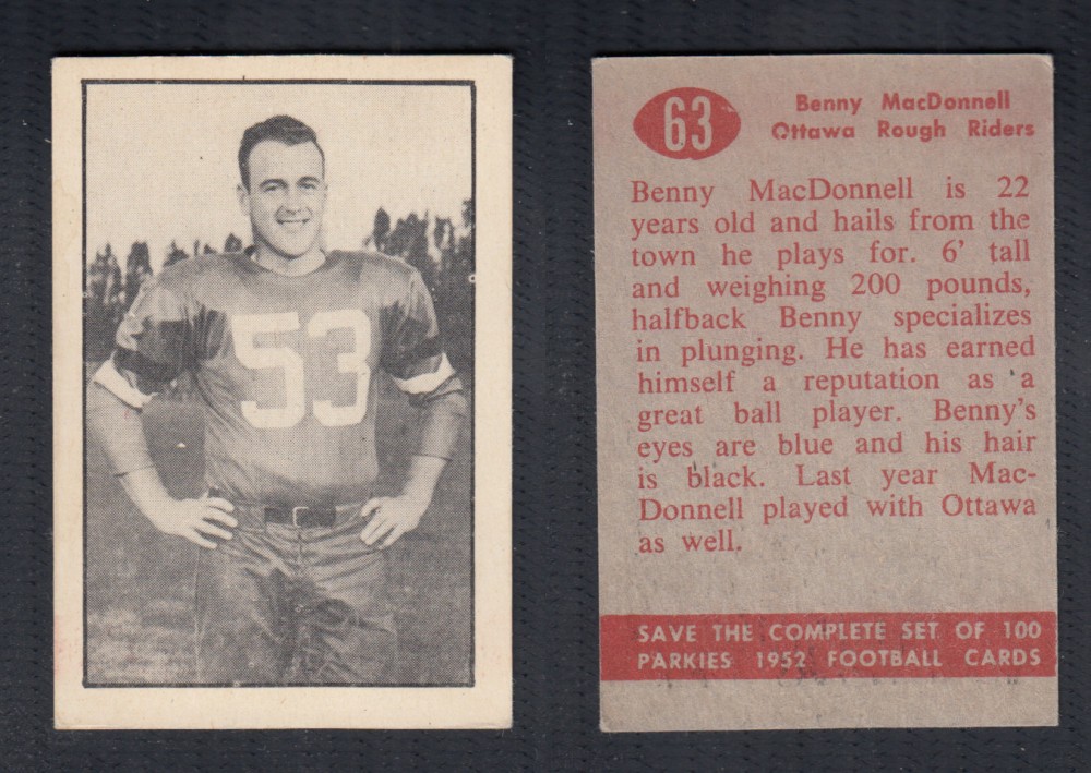 1952 CFL PARKHURST FOOTBALL CARD #63 B. MACDONNELL photo 1952 CFL PARKHURST FOOTBALL CARD #63 B. MACDONNELL photo