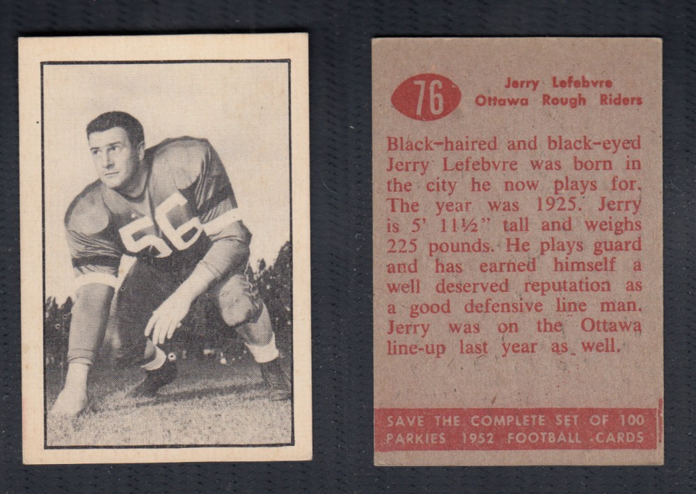 1952 CFL PARKHURST FOOTBALL CARD #76 J. LEFEBVRE photo 1952 CFL PARKHURST FOOTBALL CARD #76 J. LEFEBVRE photo
