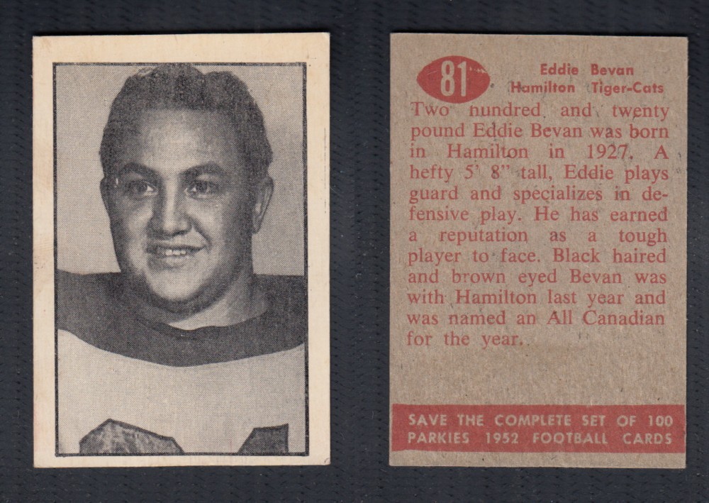 1952 CFL PARKHURST FOOTBALL CARD #81 E. BEVAN photo 1952 CFL PARKHURST FOOTBALL CARD #81 E. BEVAN photo