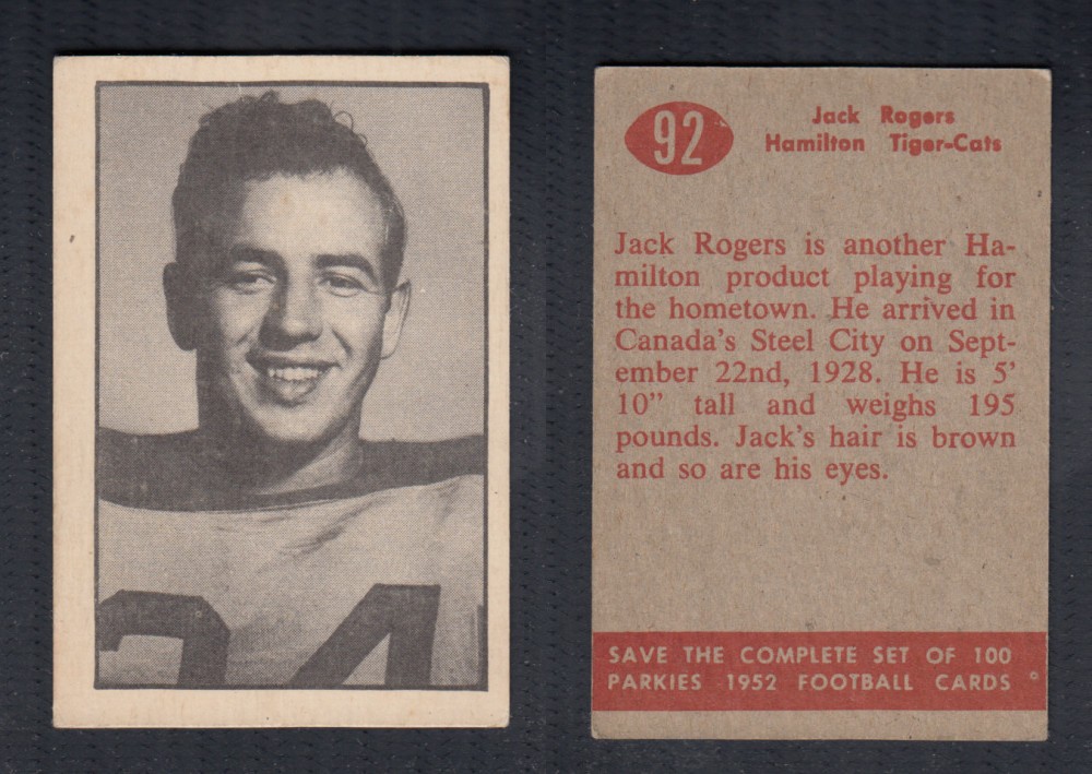 1952 CFL PARKHURST FOOTBALL CARD #92 J. ROGERS photo