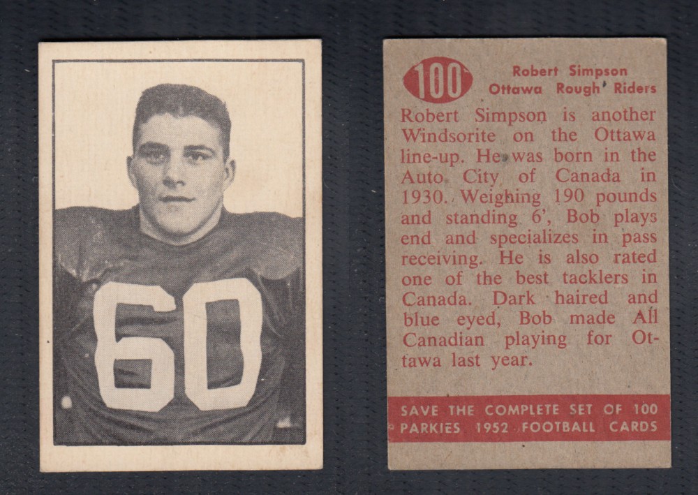 1952 CFL PARKHURST FOOTBALL CARD #100 R. SIMPSON photo 1952 CFL PARKHURST FOOTBALL CARD #100 R. SIMPSON photo