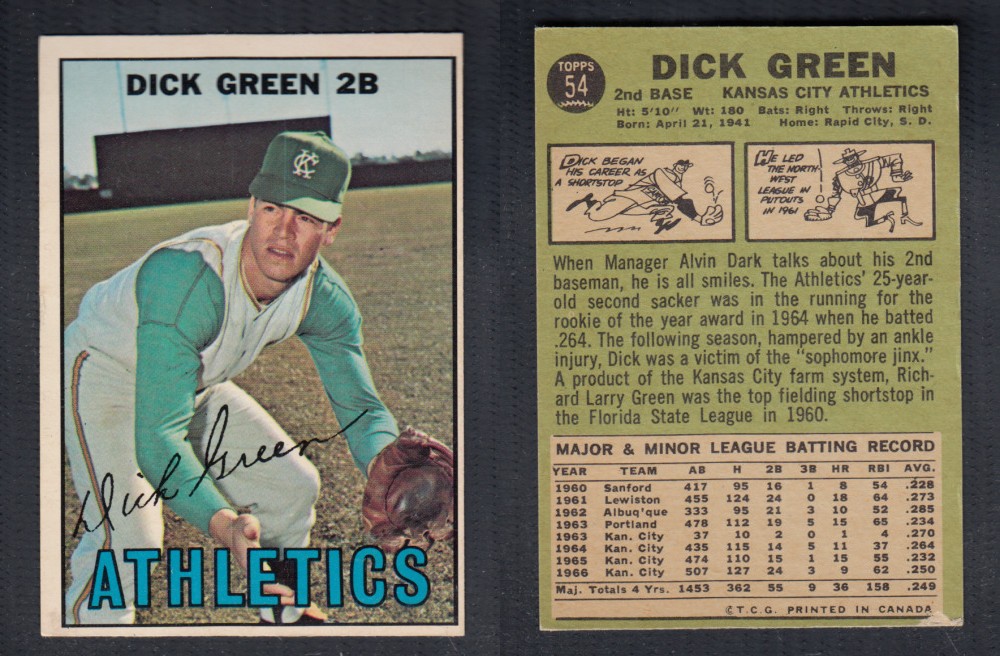 1967 O-PEE-CHEE BASEBALL CARD #54 D. GREEN photo 1967 O-PEE-CHEE BASEBALL CARD #54 D. GREEN photo