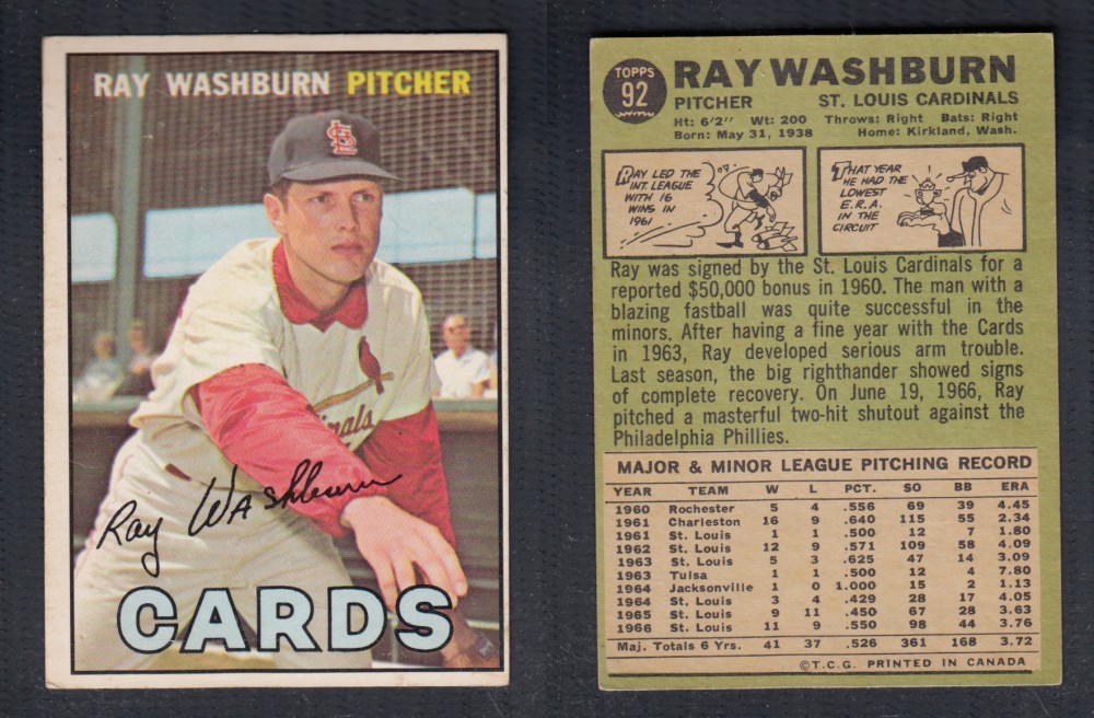 1967 O-PEE-CHEE BASEBALL CARD #92 R. WASHBURN photo 1967 O-PEE-CHEE BASEBALL CARD #92 R. WASHBURN photo
