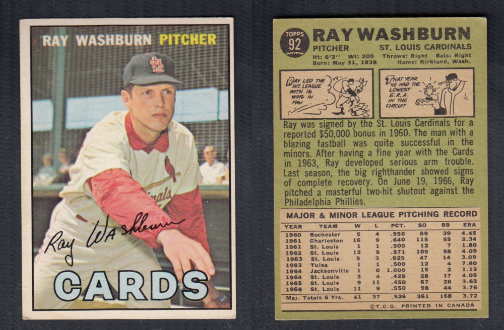 1967 O-PEE-CHEE BASEBALL CARD #92 R. WASHBURN photo 1967 O-PEE-CHEE BASEBALL CARD #92 R. WASHBURN photo