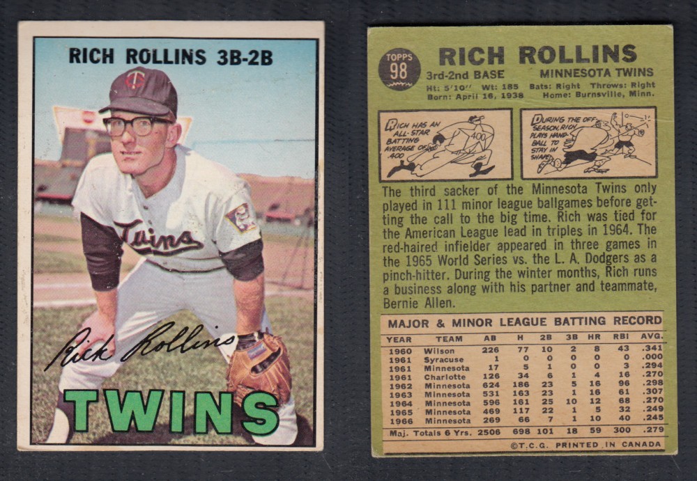 1967 O-PEE-CHEE BASEBALL CARD #98 R. ROLLINS photo