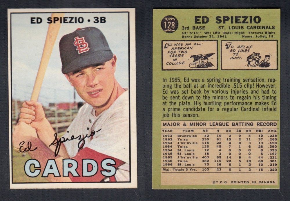 1967 O-PEE-CHEE BASEBALL CARD #128 E. SPIEZIO photo