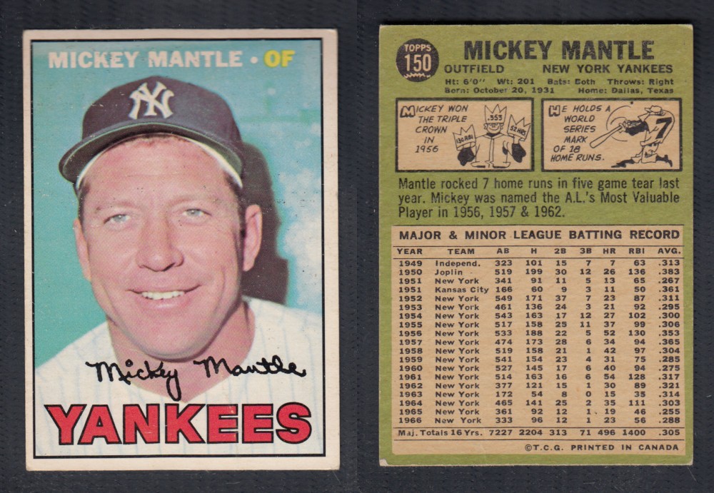 1967 O-PEE-CHEE BASEBALL CARD #150 M. MANTLE photo 1967 O-PEE-CHEE BASEBALL CARD #150 M. MANTLE photo
