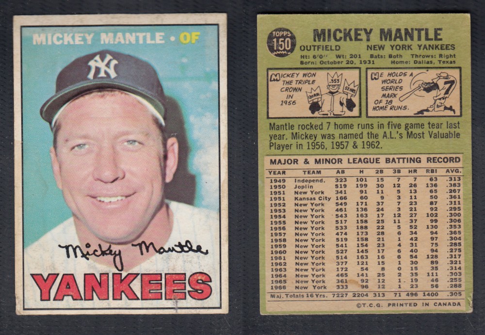 1967 O-PEE-CHEE BASEBALL CARD #150 M. MANTLE photo 1967 O-PEE-CHEE BASEBALL CARD #150 M. MANTLE photo