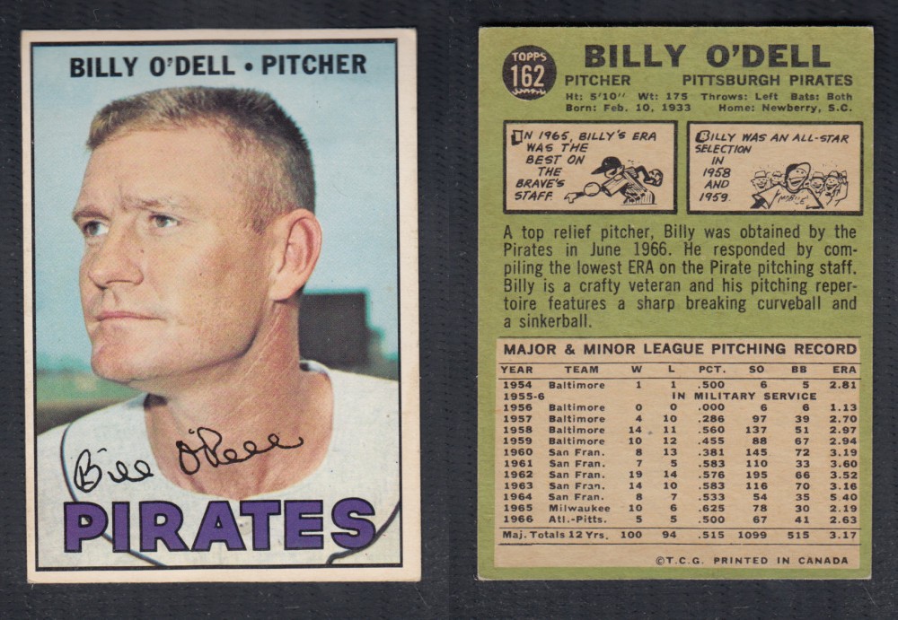 1967 O-PEE-CHEE BASEBALL CARD #162 B. O'DELL photo 1967 O-PEE-CHEE BASEBALL CARD #162 B. O'DELL photo
