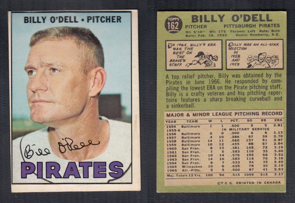 1967 O-PEE-CHEE BASEBALL CARD #162 B. O'DELL photo 1967 O-PEE-CHEE BASEBALL CARD #162 B. O'DELL photo