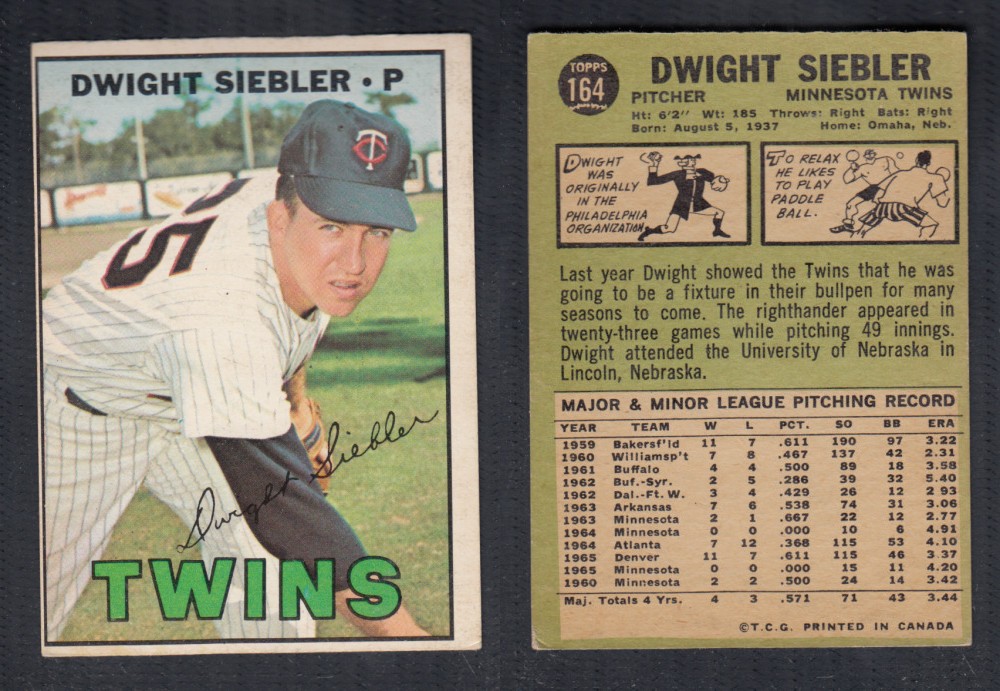 1967 O-PEE-CHEE BASEBALL CARD #164 D. SIEBLER photo