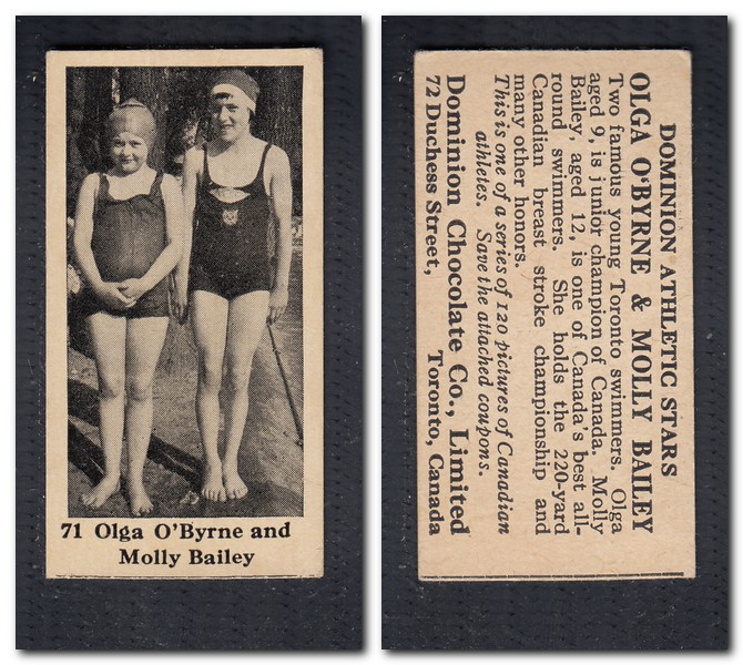 1925 V31 DOMINION CHOCOLATE #71 O. O'BYRNE & M. BAILEY SWIMMING CARD photo 1925 V31 DOMINION CHOCOLATE #71 O. O'BYRNE & M. BAILEY SWIMMING CARD photo