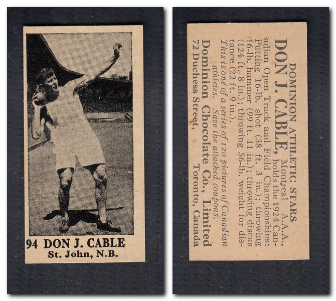 1925 V31 DOMINION CHOCOLATE #94 D. J. CABLE TRACK & FIELD CARD photo 1925 V31 DOMINION CHOCOLATE #94 D. J. CABLE TRACK & FIELD CARD photo
