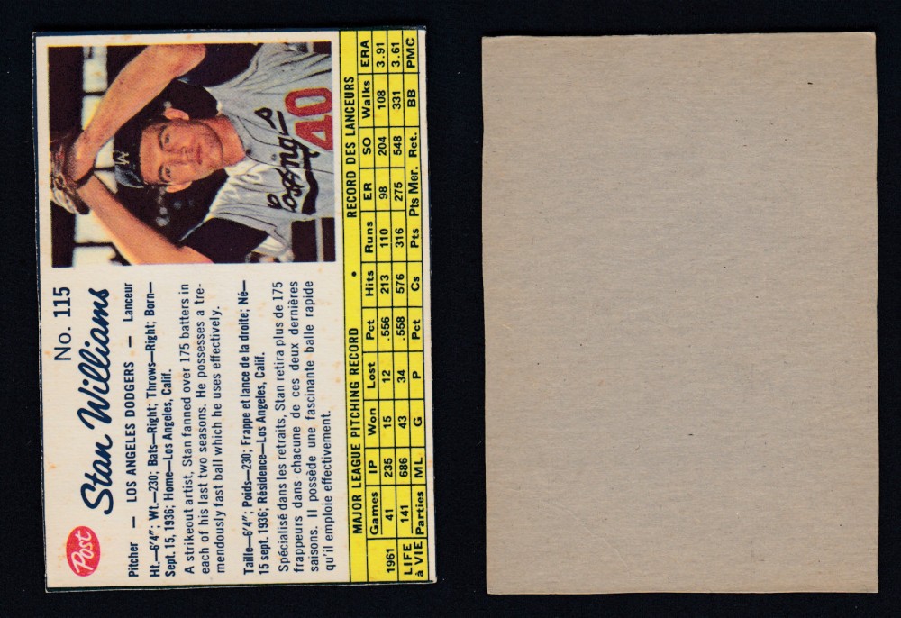 1962 POST CANADIAN BASEBALL CARD #115 S. WILLIAMS photo 1962 POST CANADIAN BASEBALL CARD #115 S. WILLIAMS photo
