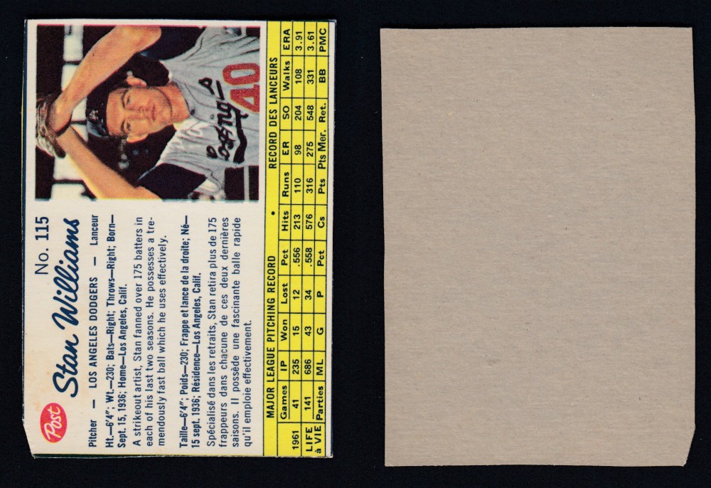1962 POST CANADIAN BASEBALL CARD #115 S. WILLIAMS photo 1962 POST CANADIAN BASEBALL CARD #115 S. WILLIAMS photo