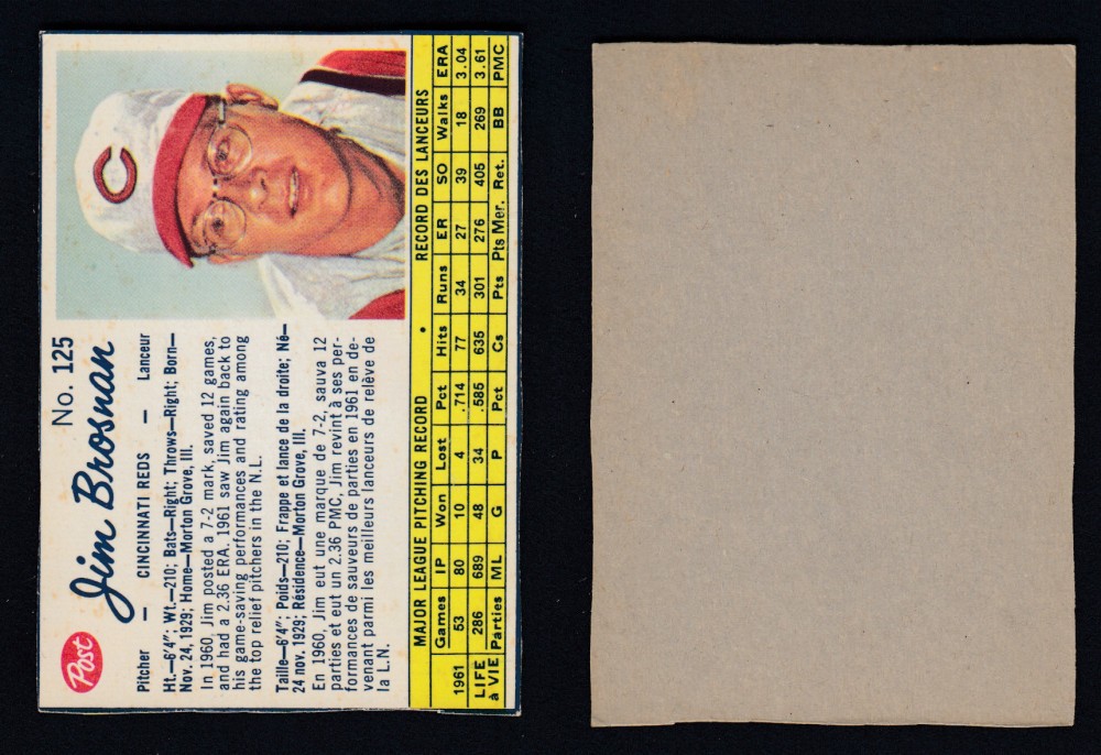 1962 POST CANADIAN BASEBALL CARD #125 J. BROSNAN photo 1962 POST CANADIAN BASEBALL CARD #125 J. BROSNAN photo