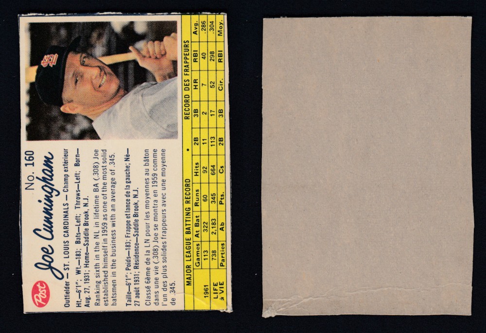 1962 POST CANADIAN BASEBALL CARD #160 J. CUNNINGHAM photo 1962 POST CANADIAN BASEBALL CARD #160 J. CUNNINGHAM photo