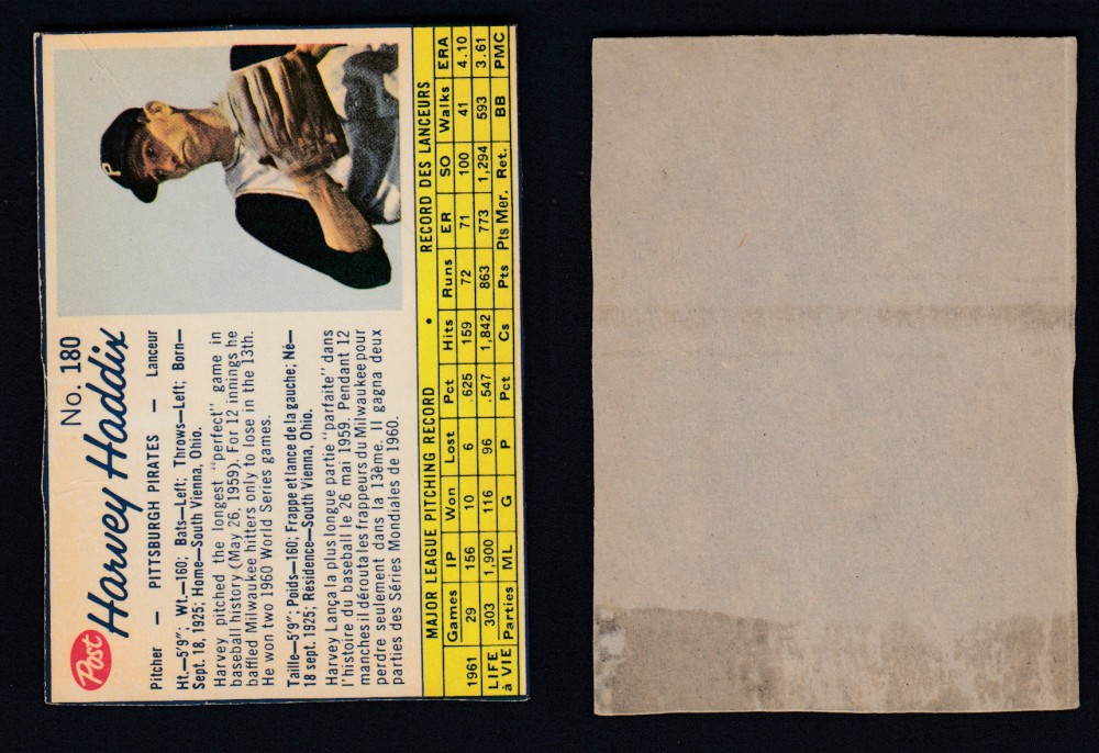 1962 POST CANADIAN BASEBALL CARD #180 H. HADDIX photo 1962 POST CANADIAN BASEBALL CARD #180 H. HADDIX photo