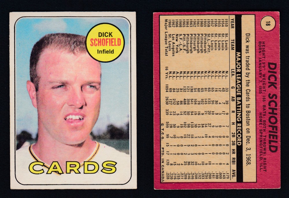 1969 O-PEE-CHEE BASEBALL CARD #18 D. SCHOFIELD photo 1969 O-PEE-CHEE BASEBALL CARD #18 D. SCHOFIELD photo