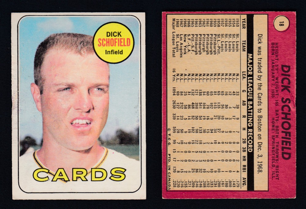 1969 O-PEE-CHEE BASEBALL CARD #18 D. SCHOFIELD photo 1969 O-PEE-CHEE BASEBALL CARD #18 D. SCHOFIELD photo