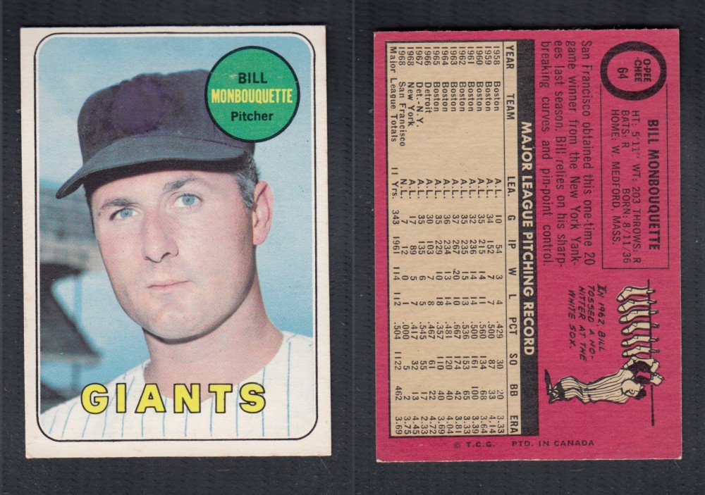 1969 O-PEE-CHEE BASEBALL CARD #64 B. MONBOUQUETTE photo 1969 O-PEE-CHEE BASEBALL CARD #64 B. MONBOUQUETTE photo