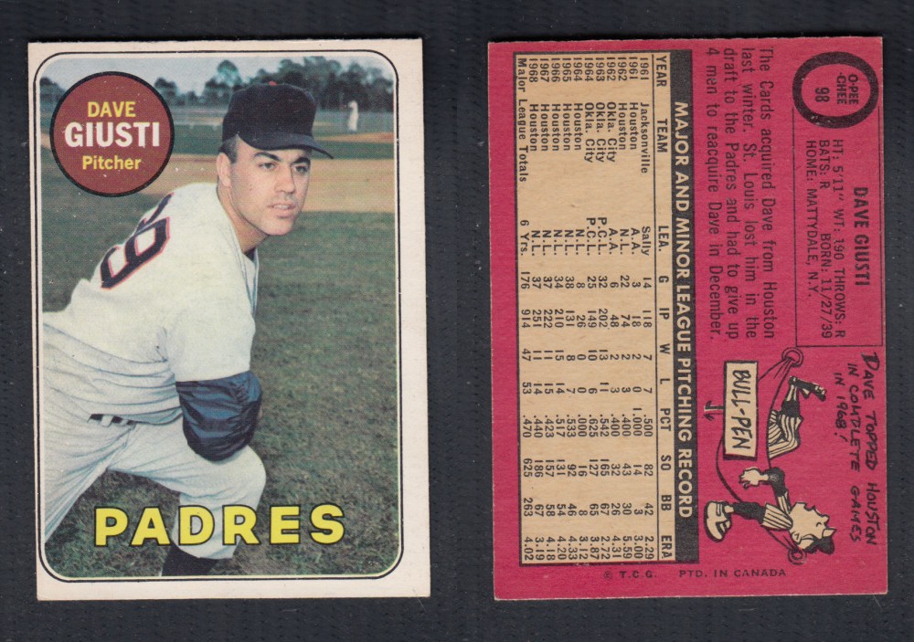 1969 O-PEE-CHEE BASEBALL CARD #98 D. GIUSTI photo 1969 O-PEE-CHEE BASEBALL CARD #98 D. GIUSTI photo