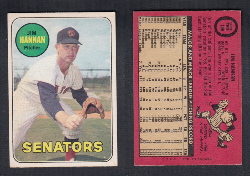 1969 O-PEE-CHEE BASEBALL CARD #106 J. HANNAN photo 1969 O-PEE-CHEE BASEBALL CARD #106 J. HANNAN photo