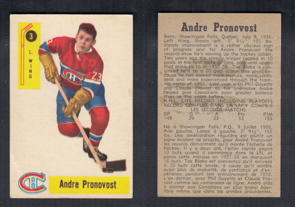 1958-59 PARKHURST HOCKEY CARD #3 A. PRONOVOST photo 1958-59 PARKHURST HOCKEY CARD #3 A. PRONOVOST photo