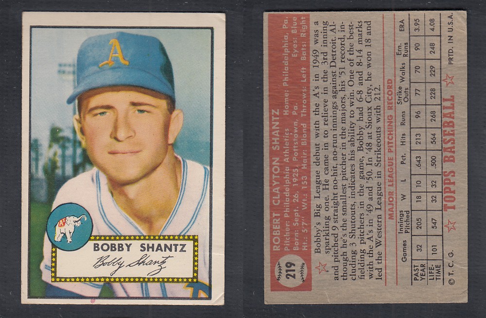1952 TOPPS BASEBALL CARD #219 B. SHANTZ photo