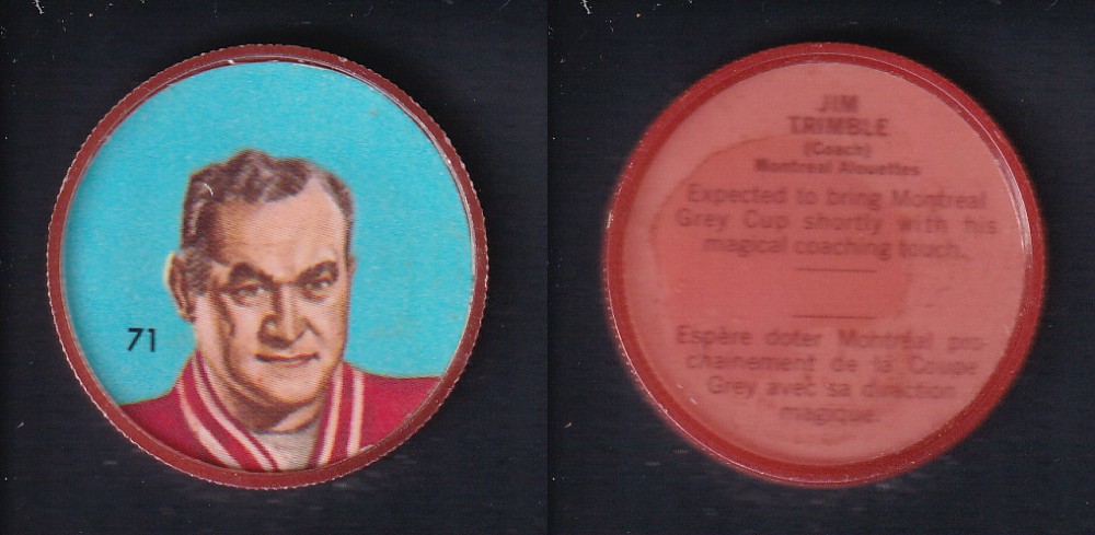 1963 CFL NALLEY'S FOOTBALL COIN #71 J. TRIMBLE photo