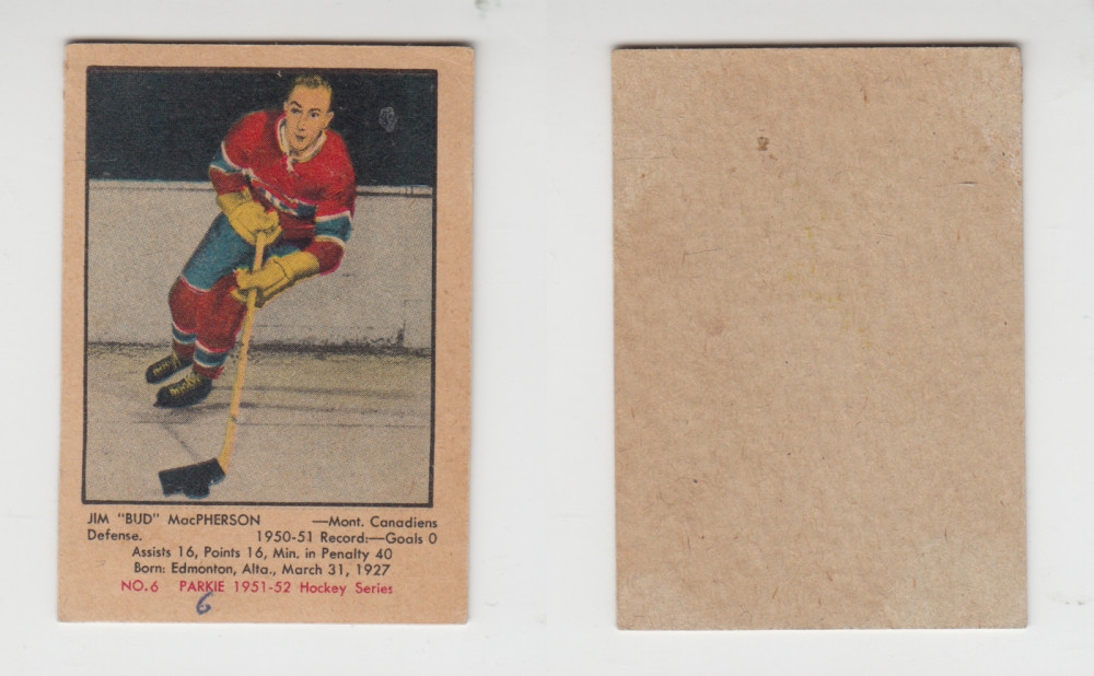 1951-52 PARKHURST HOCKEY CARD #6 J. MacPHERSON photo 1951-52 PARKHURST HOCKEY CARD #6 J. MacPHERSON photo