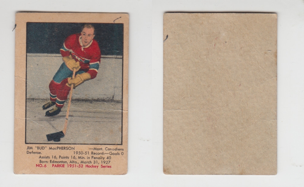 1951-52 PARKHURST HOCKEY CARD #6 J. MacPHERSON photo 1951-52 PARKHURST HOCKEY CARD #6 J. MacPHERSON photo