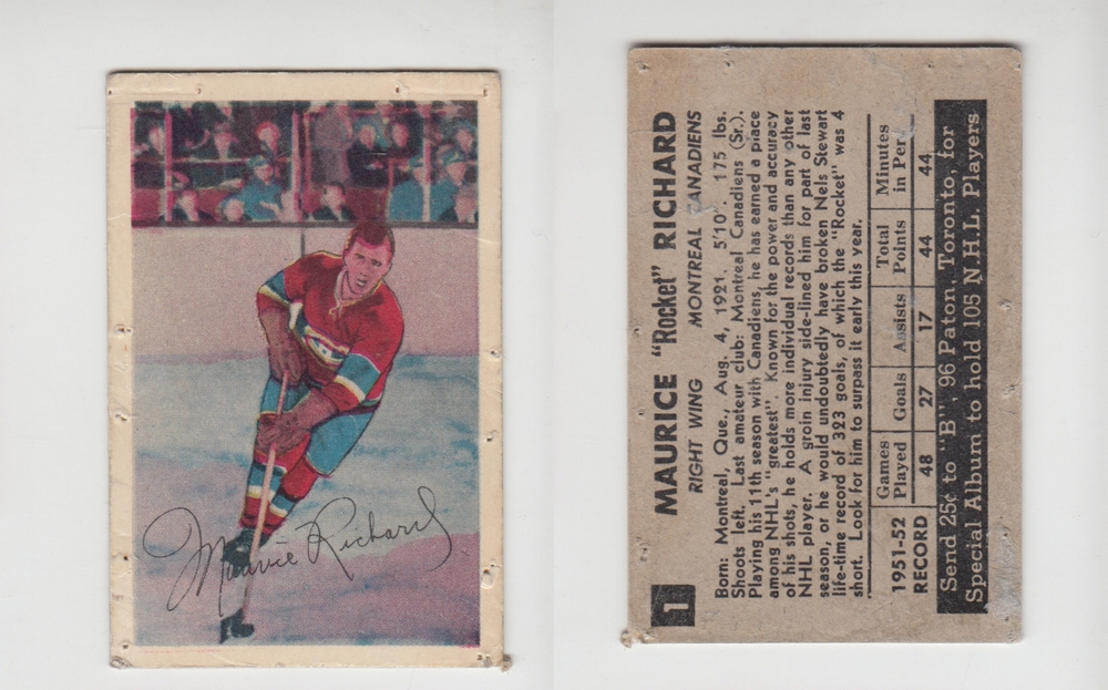 1952-53 PARKHURST HOCKEY CARD #1 M. RICHARD photo 1952-53 PARKHURST HOCKEY CARD #1 M. RICHARD photo