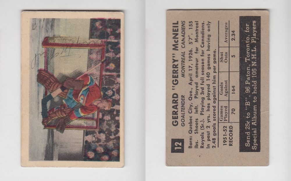 1952-53 PARKHURST HOCKEY CARD #12 G. MCNEIL photo 1952-53 PARKHURST HOCKEY CARD #12 G. MCNEIL photo