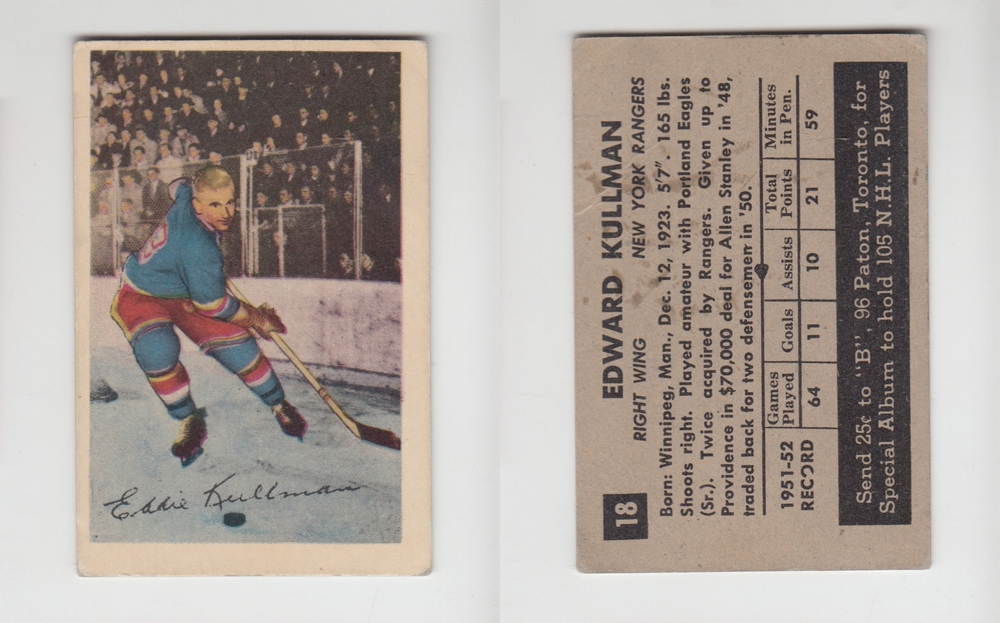 1952-53 PARKHURST HOCKEY CARD #18 E. KULLMAN photo 1952-53 PARKHURST HOCKEY CARD #18 E. KULLMAN photo