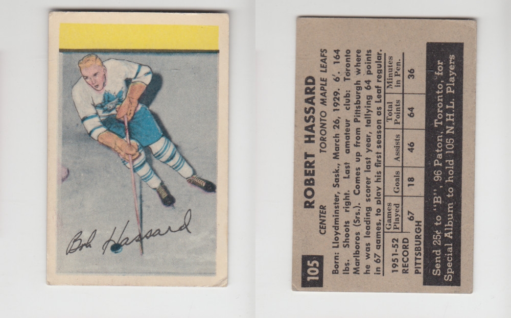 1952-53 PARKHURST HOCKEY CARD #105 R. HASSARD photo 1952-53 PARKHURST HOCKEY CARD #105 R. HASSARD photo