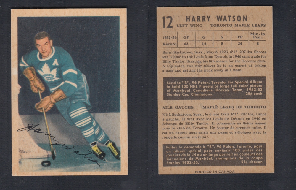 1953-54 PARKHURST HOCKEY CARD #12 H. WATSON photo 1953-54 PARKHURST HOCKEY CARD #12 H. WATSON photo