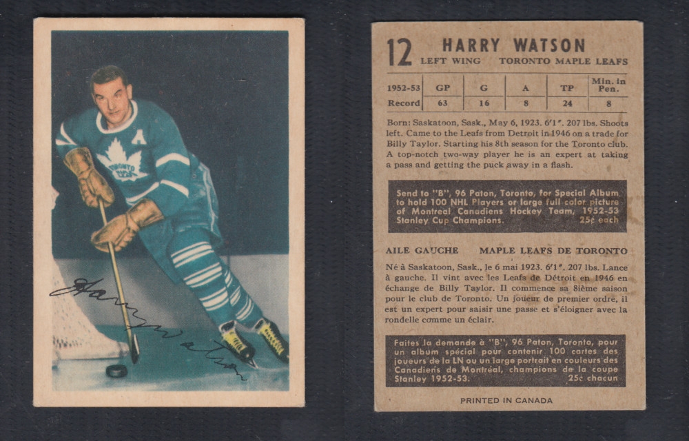 1953-54 PARKHURST HOCKEY CARD #12 H. WATSON photo 1953-54 PARKHURST HOCKEY CARD #12 H. WATSON photo