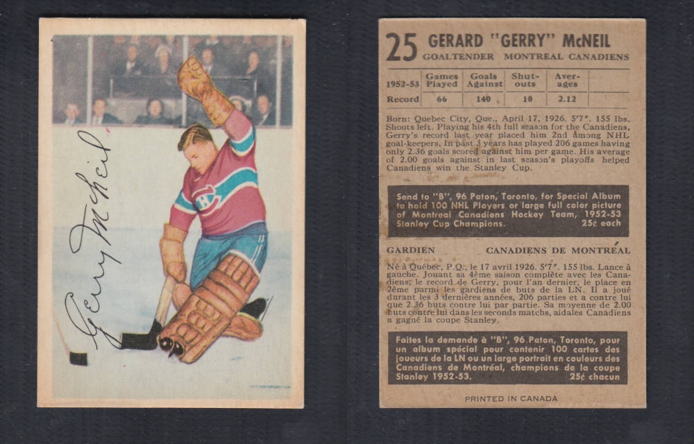 1953-54 PARKHURST HOCKEY CARD #25 G. MCNEIL photo 1953-54 PARKHURST HOCKEY CARD #25 G. MCNEIL photo