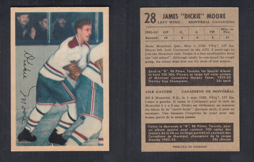 1953-54 PARKHURST HOCKEY CARD #28 J. MOORE photo 1953-54 PARKHURST HOCKEY CARD #28 J. MOORE photo